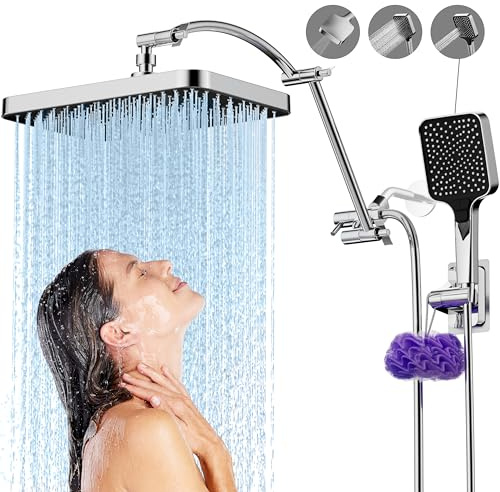 SREEZNX 13 Inch Rain Shower Head Extension Arm 19 Inch, Shower Head High Pressure Showerheads, Shower Heads with Handheld Spray Combo Chrome