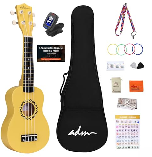 ADM Set de ukelele soprano para niños y principiantes, kit de iniciación con bolsa, afinador enganchable, cuerdas arcoíris, correa colorida, púa, calcomanías para clavijas, tarjeta de acordes