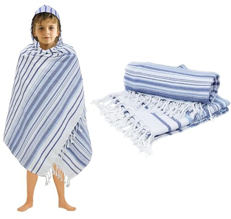 ORIGINAL KIDS Fouta Hooded Bath Towel Wrap with Fringes - 2 Pack 100% Cotton - Sand Free - Lightweight - Quick Dry - Super Absorbent Bath Beach Hammam Pool Towel for Kids - 30x60 - Blue