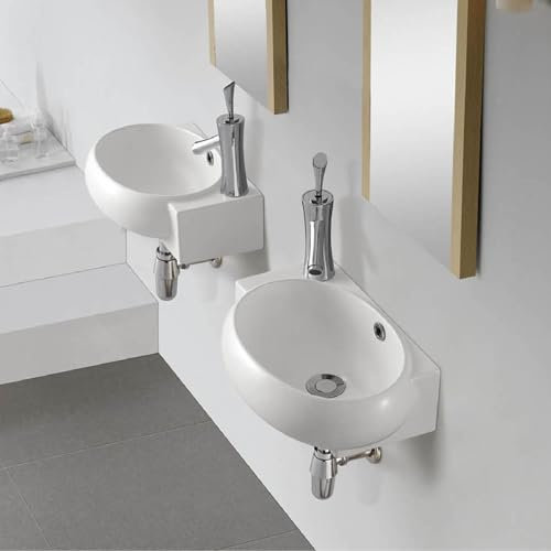 Lavabo De Baño De Pared, Lavabo Flotante De Cerámica De Diseño Moderno, Pequeño Lavabos De Esquina Ovalado, Lavabos Artístico Con Manos Izquierda Y Derecha For Balcón, Garaje Y Guardarropa.(Left)