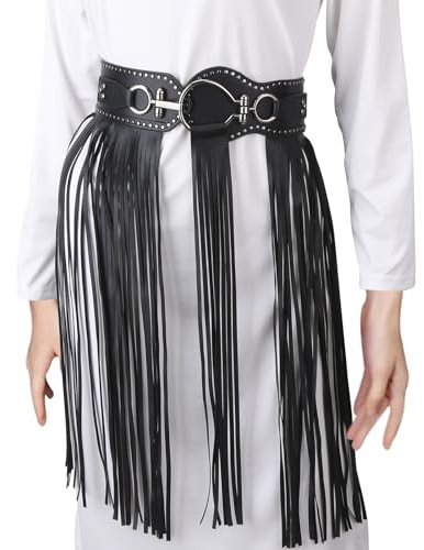 Womens Punk PU Leather Fringe Skirt Belt Vintage Tassel Waistband Gothic Waist Belt Belly Body Chain Rave Outfit Nightclub Wear Halloween Cosplay Party Festival Rocker Dance Performance Costume