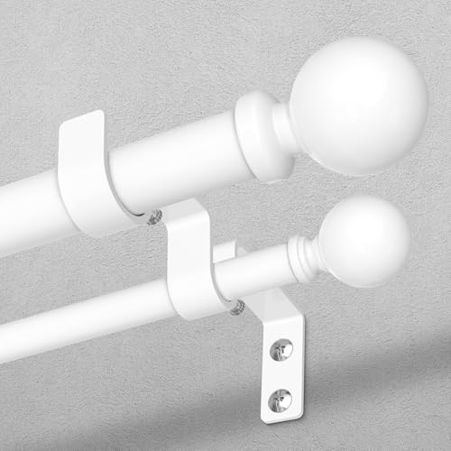 Wolistsa 36-122 Inch Double Curtain Rod, White Heavy Duty Dual Rods | Adjustable Spliced Long Double Curtain Rods for Windows, All Metal, 33 lb Capacity, No Sagging, Modern Decorative Finial