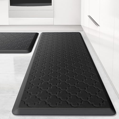 Küchenläufer 2 Stück Teppich Küche Waschbar rutschfest Küchenteppich Kitchen Mat Küchen Teppich Läufer Küche-Teppich mit Ölfest Wasserdicht Küchenmatte für Küche Läufer Flur(44x75+ 44x150CM,Schwarz)