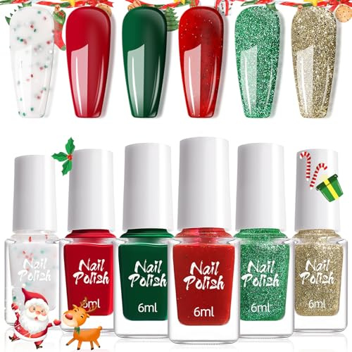 Christmas Nail Polish Sets - 6Pcs Glitter Red Green White Gold Nail Varnish Kit, Quick Drying & Long Lasting Christmas Shimmer Sparkling Nail Paint Gel Nail Art Manicure DIY Gifts for Women