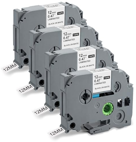 4 Rollen Etikettenband TZe-231 Kompatibel mit Brother P-Touch, 12mm Schriftband Selbstklebend für Etikettendrucker PT-H100LB/H105/H107B/D210/E110/D400/D600VP/1000/1010/1280, Schwarz auf Weiß