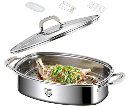 Ovaler Fischtopf, Dickwandiger Edelstahl-Dampfgarer FüR Den Hausgebrauch, Geeignet FüR Gasherde Und Induktionskochfelder(Silver)