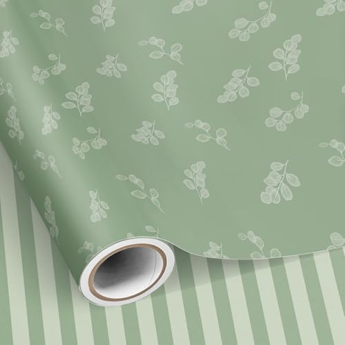 Neloheac Rollo de Papel de Regalo Reversible, Hojas de Eucalipto Silueta Verde Salvia y Rayas, 43 cm x 10 m, Ideal para Cumpleaños de Niñas Mujeres, Día de la Madre, San Valentín, Bridal Shower, Boda