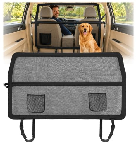 Dog Guard for Car, Universal Fit Dog Barrier for Boot & Back Seat, Sturdy Metal FrameDog Car Divider with Storage Pockets & Transparent Net, Scratch-Resistant for Cars, SUVs & Trucks, 144x81.3cm