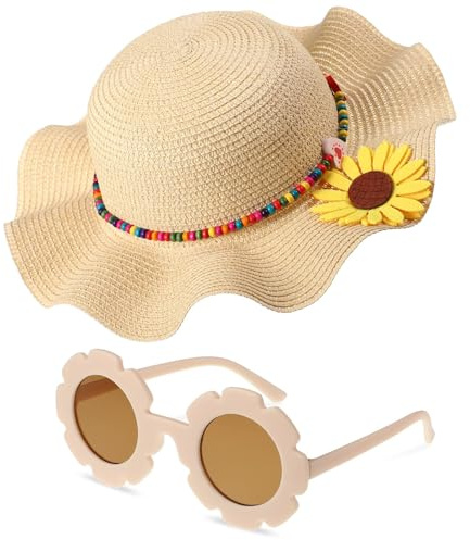 QIZHIQIAMY Cappello Paglia Bambina, Cappello di Paglia Bambini, Occhiali da Sole per Bambini, Cappello da Sole Bambini con Occhiali da Sole Fiori per Viaggi, Spiagge, Vacanze, Picnic (Beige)