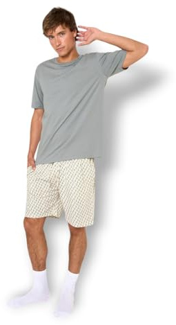 TRAMAS+ Pijama Hombre Verano 100% Algodón, Conjunto de Camiseta de Manga Corta y Pantalón Corto, Ropa de Dormir Fresca y Cómoda - L, Nerdana, Azul grisáceo