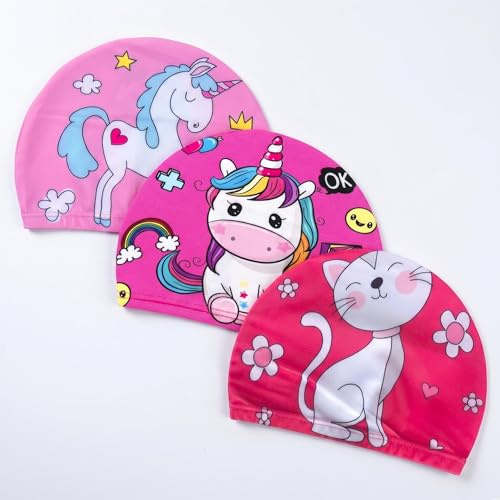 3 Pcs Pink Dolphin Kids Swim Cap Quick Dry Stretch Fabric Swimming Hat Unisex Long Hair Swim Cap for Children Youth Ideal for Pool Beach Swimming Class Outdoor Water Sports