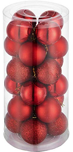 tectake® Boules de noël Rouges, 24 pièces, 3 Design, Boule de Noel env. Ø4 cm, Surface Mate, Brillante ou pailletée, Boules Rouges et Ficelles dorées, Décoration Noël Sapin, Déco Sapin de Noel