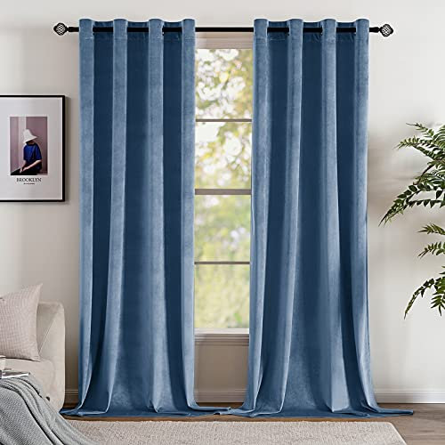 EMEMA 2 Panneaux Doux Velours Rideau Occultant Thermiques Réglage de la Température Rideaux à Oeillets pour Chambre Salon Élégant Décoration 140 x 245 cm Pfauenblau