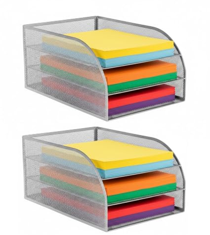 OSCO Silver Wire Mesh Triple Letter Tray 2 Pack, Desk Document Organiser, A4 Paper Storage, Office Desk Tidy, Desktop Filing Solution, Home Office Accessories, Fully Assembled