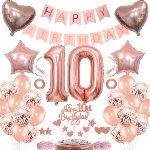 Flicka 10-årsdagsdekoration - rosa guldtårta, gåva och ballonger
