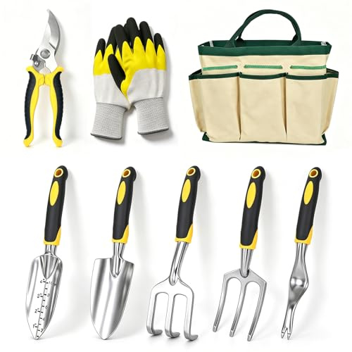 QRD Gartengeräte Set 8 in 1 Gartenwerkzeug mit Aufbewahrungstasche Gartenschaufel mit Gummigriff Garten Handwerkzeuge