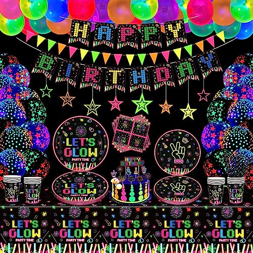 LKITMIUT 178 PCS Glow Neon Party Supplies in The Dark Decorations BlackLight Tableware Set - Plates, Banner, Fluorescent Balloons, Tablecloths, Hanging Stars, Cups, Napkins Serves 20
