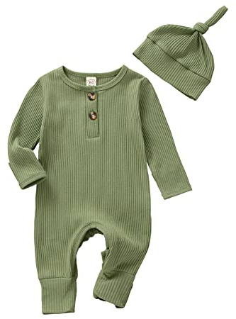 Infant Boys Girls Clothes Set Newborn Baby Romper Hat Ribbed Knit Long Sleeve Button Solid Bodysuit Jumpsuit (Green, Newborn)