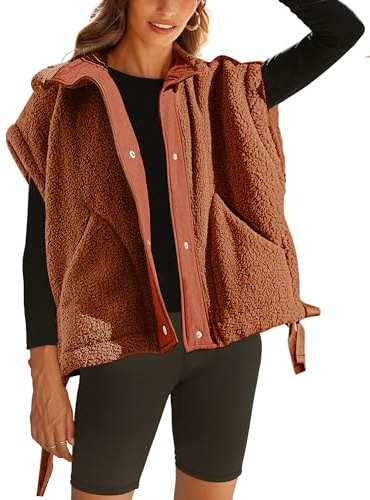 Athlisan Womens Fleece Vest Casual Sleeveless Button Down Sherpa Jacket Outerwear with Pockets(Rust-M)
