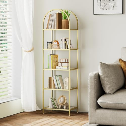 Homhedy Bookshelf Arched Display Racks,Metal Bookcase,Tempered Glass Shelves,Storage Rack Shelf for Home Office,Living Room,Bedroom, Bathroom,Modern Style (Golden, 11.8 D x 13.8 W x 57.1 H)