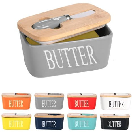 Porcelain Butter Dish, European Size Ceramic Butter Container with Wooden Lid, Butter Container with High Quality Silicone Seal, Perfect for Butter, Nuts, Cheese, 650ml (Gray)