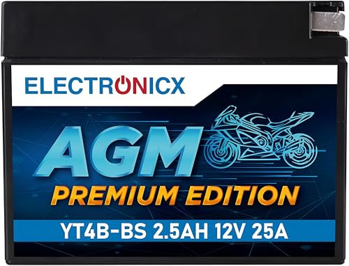 Electronicx, AGM, Motorradbatterie Premium YT4B-BS 12V 2,5Ah Starterbatterie wartungsfrei versiegelt Roller, Quad, Mofa, Motorrad- Hochleistung 25A kompakt Powersport auslaufsicher vibrationsfest.