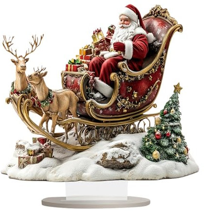 Christmas Reindeer Sleigh Santa Figurine - Acrylic 130g Deer Sleigh Statue | 9.84-Inch 2d Reindeer Santa Sleigh | Father Christmas Figures for Home, Studio, Restaurant, Shopping Mall