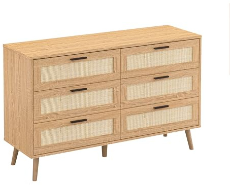 Panana Chic Rattan Chest of Drawers, 3/6/8 Drawers Dresser with Hand Made Rattan Decorated Drawers Storage Chest with Wood Legs for Bedroom, Hallway, Living Room (Oak, 6 Drawers)