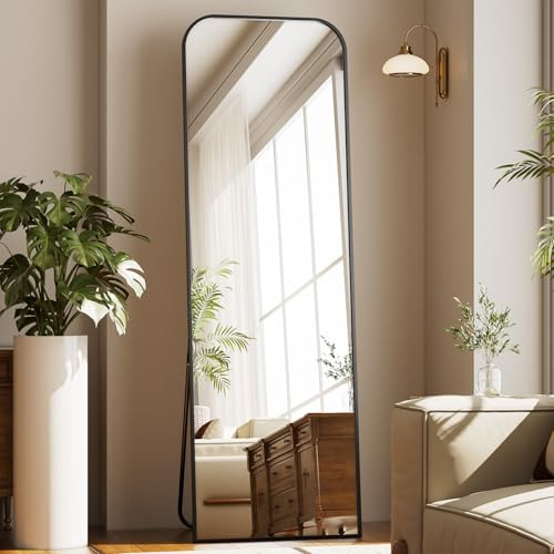 Koonmi Top Curved Large Mirror Full Length, 53 x 143 cm Free Standing with Stand, Large Floor Full Body Mirror with Round Corner on top, Hanging Wall Mounted for Bedroom, Living Room, Black