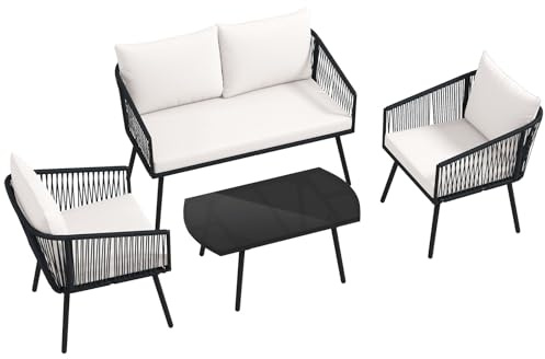 GIANTEX Trädgårdsmöbelset 4 delar, 1 soffa, 2 fåtöljer och 1 soffbord med kuddar, bord med härdat glas, konversationsset för uteplats, balkong