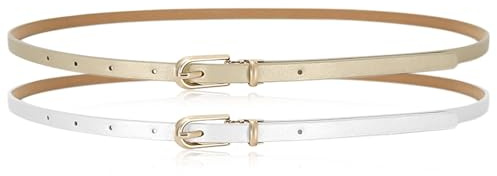 INSPUTOL Smal läderbälte för kvinnor, tunn midjerem med metallspänne, passar klänningar, jeans och byxor, 2-pack (Champagne + Vit, 105 cm)