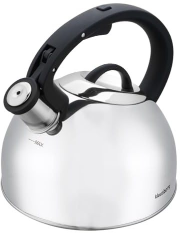 Hervidor de acero con silbato para todos los tipos de cocina, hervidor de té, moderno, elegante, práctico, cafetera, acero inoxidable Klausberg 2,5 L (plata)