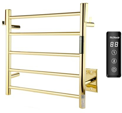 P&Dlusir Towel Warmer, Heated Towel Rack with Smart Timer and Thermo Control, Wall-Mounted Heated Towel Rail, Stainless Steel, Hard-Wired/Plug-in, Polished Gold, 5 bar