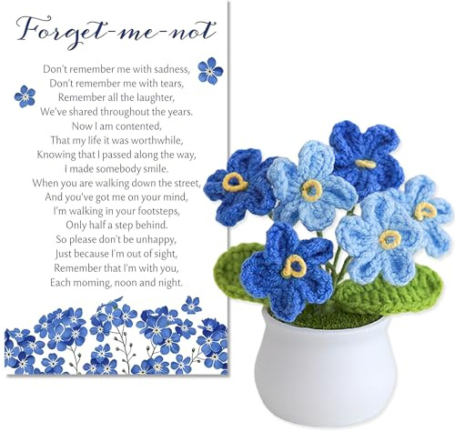 YSUY Handmade Crochet Forget-Me-Not Flower Bouquet with Sympathy Card, Blue Knitted Flowers Mini Plant Ornament for Home Office Desk Decor, Comfort Gift for Friend Family Lover