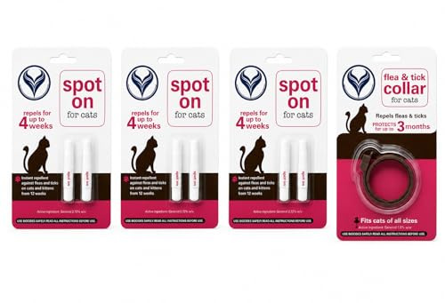 Cat Flea and Tick Spot-On Treatment, Kills Fleas, Lice, Ticks, Eggs and Larvae, Repellent, up to 4 Months Protection, Pack of 3 with Free Collar