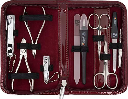 DREI SCHWERTER - Germany 10-tlg. Maniküre Set 'Spezia' | Nagelpflegeset in Kunstlackleder weinrot | Inhalt: Nagelschere, Hautschere, Nagelzange, Pinzette, Glasnagelfeile uvm