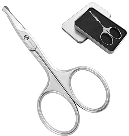 JARVISTAR Forbici per peli di naso e orecchie a punta rotonda professionale in acciaio inox per peli di naso, orecchie, baffi, forbici arrotondate, forbici per unghie, 95 mm, argento