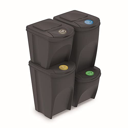 Prosperplast Set med 4 återvinningshinkar (2 x 35 L och 2 x 25 L) plastsortibox i antracitfärg, 2 stora + 2 små
