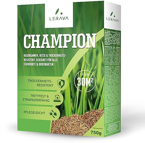 LERAVA® CHAMPION Rasensamen [trockenresistent] – trittfest und strapazierfähiger Grassamen Rasen - resistente Nachsaat Herbst - schnellkeimender Rasensamen Turbo - schnellwachsender Rasensamen - 30m²