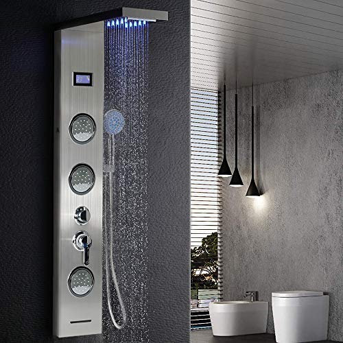 Columna de Duchas Hidromasaje con LED + LCD Panel de Ducha en Acero Inoxidable con 5 Métodos de salida de agua (20×123 cm con LED + LCD, Acero inoxidable cepillado)