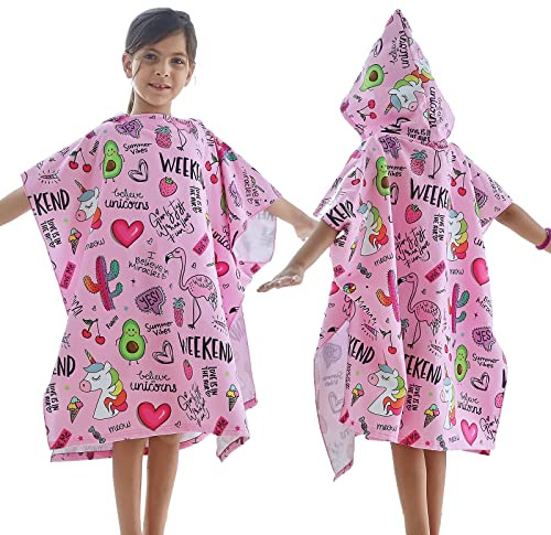 KAKU NANU Asciugamano poncho con cappuccio per bambini dai 6 ai 14 anni, motivo squisito, telo da spiaggia e da bagno con cappuccio, per ragazzi e ragazze