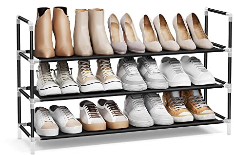 SONGMICS Porte-Chaussures 3 Niveaux, Rangement pour Entrée, Couloir, Dressing, Fine, Gain de Place, Cadre en Métal, Étagères en Tissu Non-Tissé, Noir LSH053B01