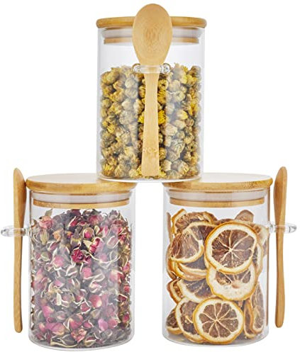 hanmir Vorratsgläser mit Deckel Luftdicht 3er Set,450ml Vorratsdosen mit Luftdichtem Bambusdeckel und Löffel,Glasbehälter für Kaffeebohnen, Nudeln, Pasta, Nuss, Keks, Süßigkeiten