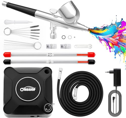 Oasser Airbrush Set 36 PSI mit Kompressor Double Action-Airbrush-Pistole und Zubehör für Modellbau Make-up Autolackierung Schwarz