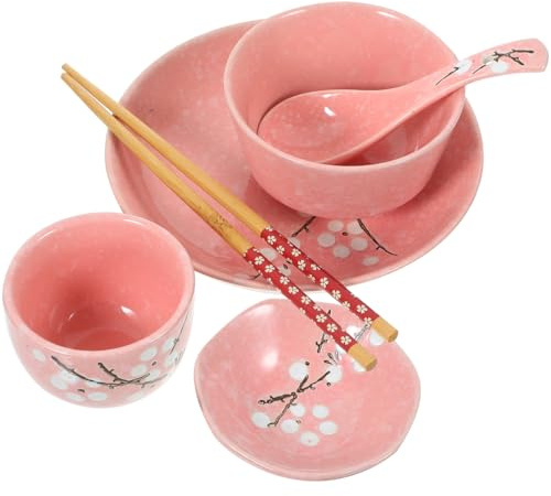 TOPBATHY Ceramic Bowl Sets Japanese Style Pink Ceramic Dinnerware Set 6-Piece Household Tableware Kit Including Bowl Plate Cup Spoon Chopsticks 7.3 Inch Square Design