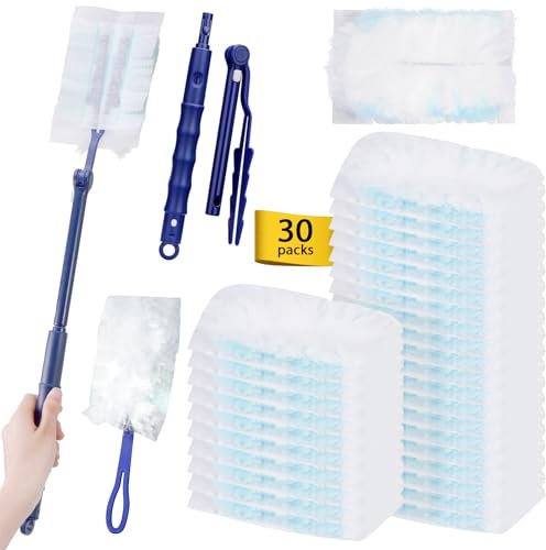 YSWOVUO 30 Stück Staubmagnet Nachfüllpack Set mit 1 Handgriff und 1 Teleskopstange, Staubwedel Duster Tücher, Staubtücher Reinigungsstaub Staubtuch Nachfüllung, für Tierhaare, Staub, Schmutz