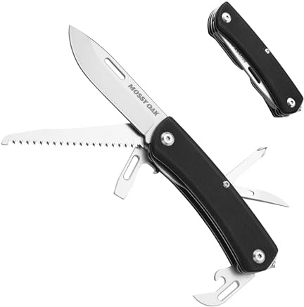 Mossy Oak Taschenmesser 10 in 1, Multitool Klappmesser mit Edelstahlklinge, Campingmesser mit Flaschenöffner, Schraubendreher & Säge, Multifunktionswerkzeug für Camping & Wandern