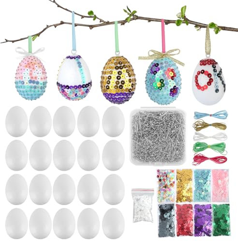 20 Stück Ostereier aus Styropor, 6cm Aufhängen DIY Pailletten-Eier, Ostereier Styroporeier mit Bunten Pailletten, Stecknadeln, Bändern, Ballkappe, Ostereier zum Bemalen für Bemalen und Osterdeko