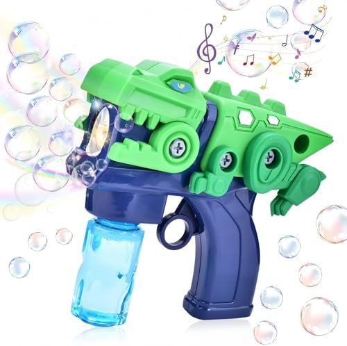 Dinosaurier Seifenblasenpistole, Automatische Seifenblasenmaschine für Kind, Bubble Machine Gun mit Musik und 2 Flaschen Seifenblasen Flüssigkeit, Outdoor Spielzeug für Junge/Geburtstag/Party/Hochzeit
