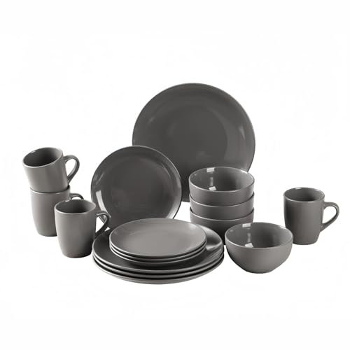 simpa 16PC Grey Glazed Ceramic Stoneware Dinner Set. 4 Dinner Plates, 4 Side Plates, 4 Bowls & 4 Mugs. Dishwasher & Microwave Safe.